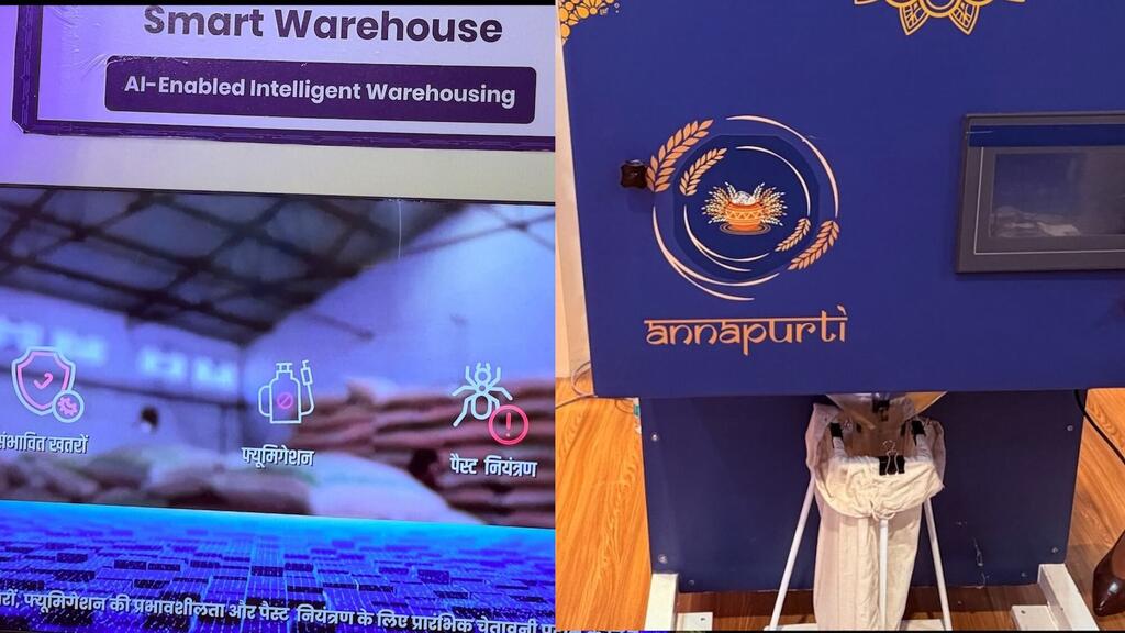 WFP's AI-Powered Smart Warehouse and Grain ATM for food security displayed at the AI Impact Summit in India.